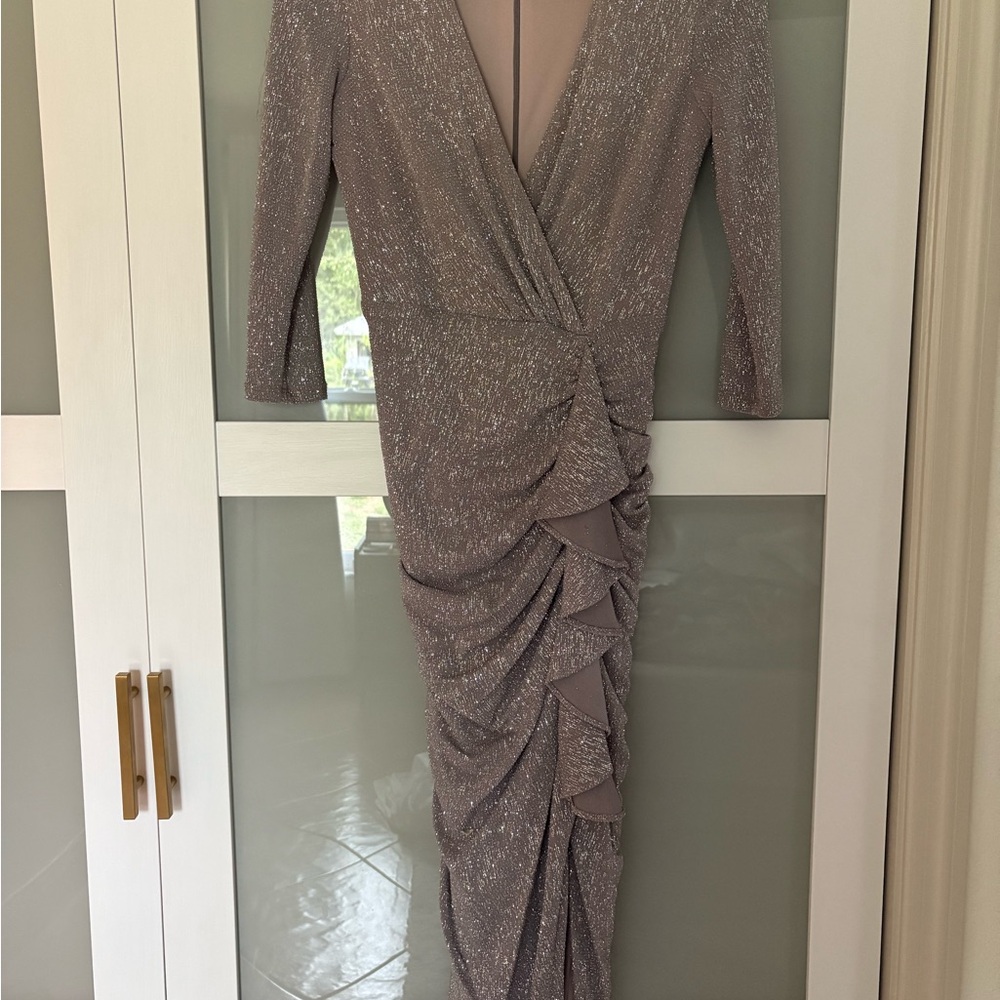 Betsy & Adam Silver Ruched Wrap Gown